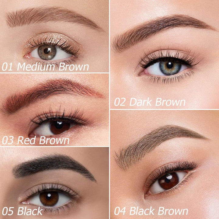 En collage af fem nærbilleder af bryn og øjne viser forskellige øjenbrynsnuancer med Refectocil SUAKE Øjenbrynsfarve Eyebrow Tint Pen #1 Lysebrun, hvert billede er mærket med farve: 01 Medium Brown, 02 Dark Brown, 03 Red Brown, 04 Black Brown, 05 Black.