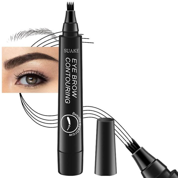 En Refectocil SUAKE Øjenbrynsfarve / Eyebrow Tint Pen #5 Sort med en flerdobbelt spids vises uden låg. I baggrunden ses et nærbillede af et velplejet øjenbryn og øje med streger, der viser, hvordan man opnår naturlige fyldige bryn.