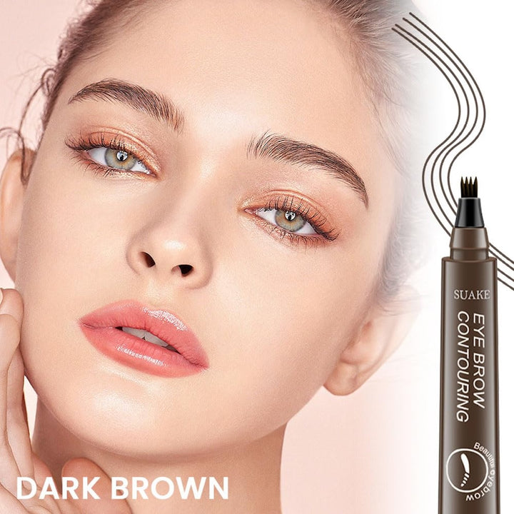 En kvinde med veldefinerede, naturlige øjenbryn og naturlig makeup vises ved siden af en Refectocil SUAKE Øjenbrynsfarve / Eyebrow Tint Pen #2 Mørkebrun, med bølgede linjer, der illustrerer øjenbrynsstrøg.