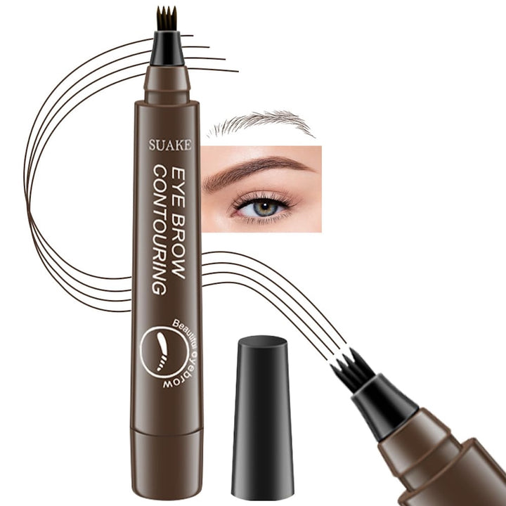 Refectocil SUAKE Øjenbrynsfarve / Eyebrow Tint Pen #2 Mørkebrun har en tredobbelt spids til naturlige strøg. Hætten på den vandfaste pen er taget af, og i baggrunden ses et velplejet øjenbryn og øje.