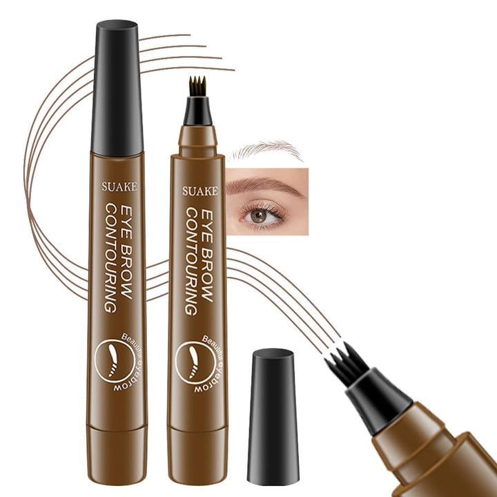 Der vises to Refectocil SUAKE Øjenbrynsfarve / Eyebrow Tint Pen #1 Lysebrun penne med gaffelformede spidser, hvoraf den ene tegner naturlige, hårlignende streger. Et nærbillede fremhæver bryn, der er udfyldt med denne vandfaste pen for et naturligt look.