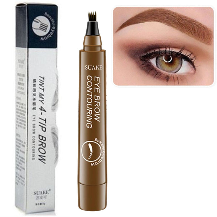 Refectocil SUAKE Øjenbrynsfarve Pen #1 Lysebrun har en applikator med fire spidser, vandfast formel og emballage - her ved siden af et defineret bryn, der viser den varige effekt.