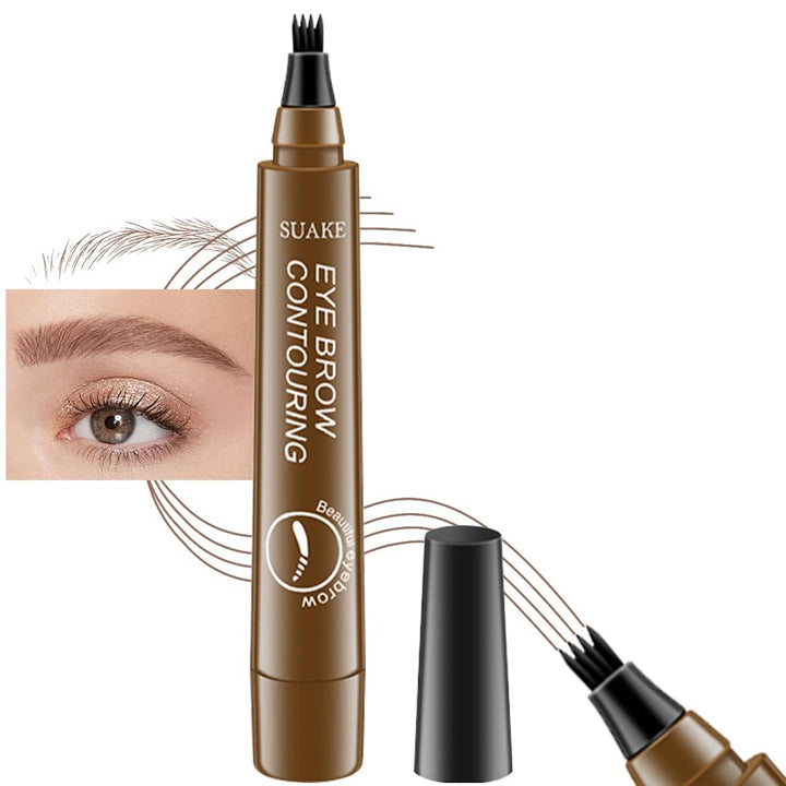Refectocil SUAKE Øjenbrynsfarve / Eyebrow Tint Pen #1 Lysebrun har en flerstrenget spids og fås i brun, vist med en åben hætte og et nærbillede af et perfekt defineret øjenbryn til præcis, vandfast påføring.