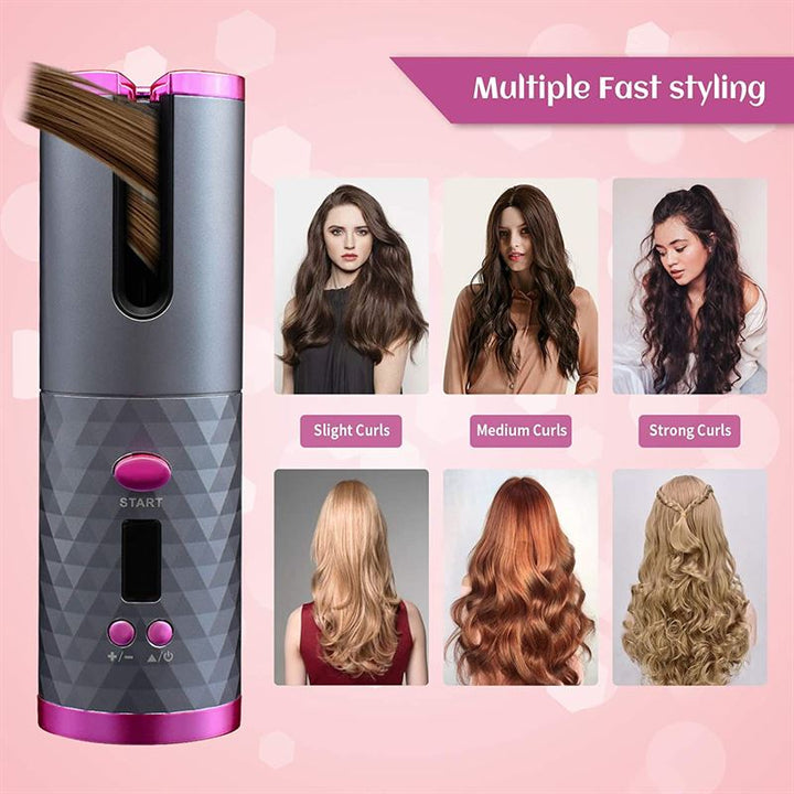 Stylemekka.dk's Trådløs Krøllejern - Ledningsfri Automatisk Hair Curler er vist i færd med at krølle brunt hår. Kvinderne ved siden af viser Slight, Medium og Strong Curls. Tekst: Flere hurtige stylinger.