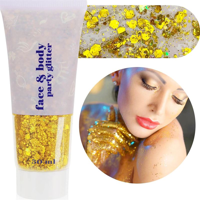Face & Body Glitter Gel | Flydende Shimmer Pailletter til Makeup & Fest - Guld (50 ml) - Glitter - Stylemekka.dk