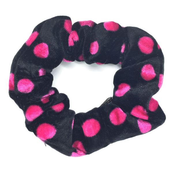 Scrunchie Hårelastik - Sort med lyserøde polkaprikker - Scrunchies - Stylemekka.dk