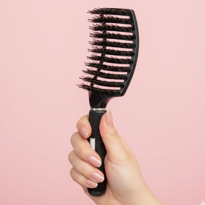 TBC Curved Paddle Brush med Vildsvinehår - Detangling Hårbørste til filtret hår
