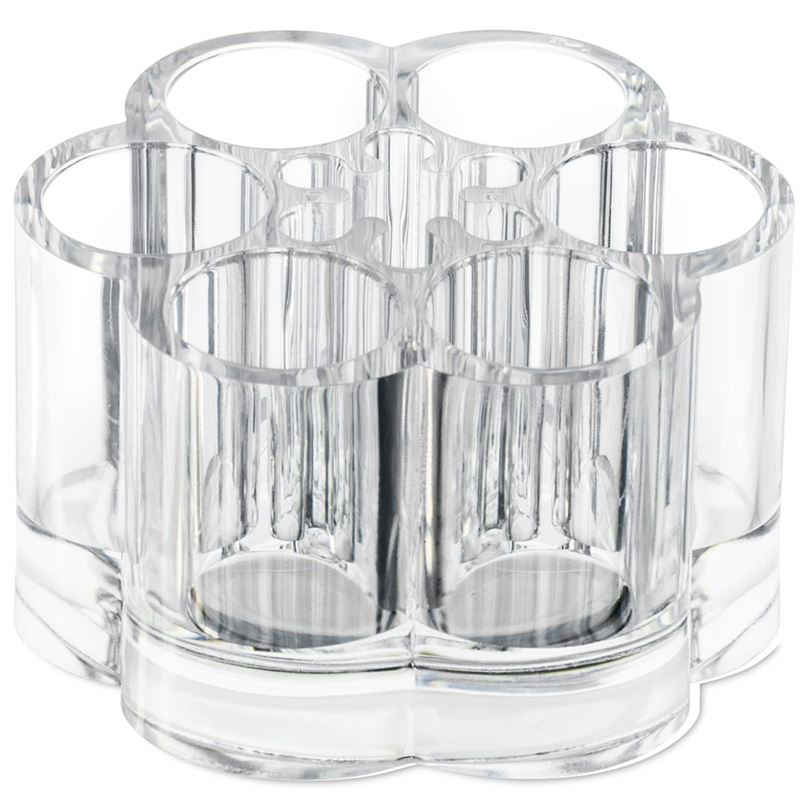 UNIQ Blomster Makeup Akryl Organizer | U301 fra UNIQ har flere klare cylindriske rum i et blomsterlignende design, ideelt som læbestiftholder eller opbevaringsbeholder til makeupbørster, kuglepenne og småting.