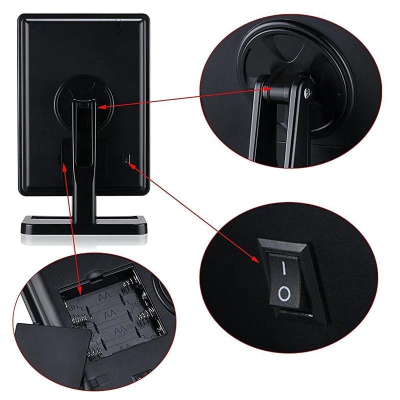 UNIQ Hollywood Makeup Spejl med Lys og x10 Forstørrelse i hvid har et rektangulært design. Billeder viser bagsiden, batterirum, justerbart stativ og tænd/sluk-knap-perfekt makeup spejl fra UNIQ til daglig brug med praktiske funktioner.