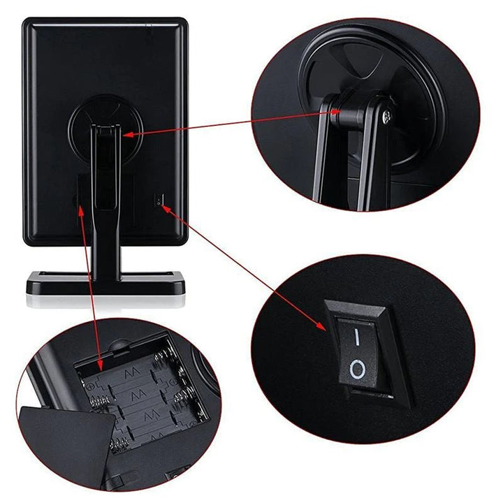 UNIQ Hollywood Makeup Spejl med Lys og x10 Forstørrelse i hvid har et rektangulært design. Billeder viser bagsiden, batterirum, justerbart stativ og tænd/sluk-knap-perfekt makeup spejl fra UNIQ til daglig brug med praktiske funktioner.