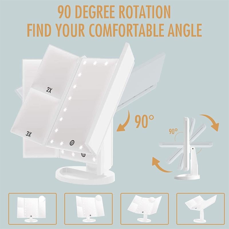 UNIQ Hollywood Makeup Trifold Folde Spejl med LED Lys | Hvid - Makeup spejle - UNIQ