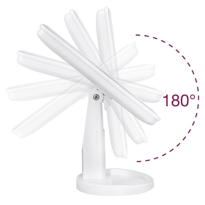 UNIQ Klassisk Star Makeup Spejl | Hvid fra UNIQ er vist med 180° vertikal rotation, hvilket understreger dets fleksibilitet. Dette justerbare spejl har et stativ med en praktisk bakke i bunden, som er ideel til praktiske skønhedsrutiner.