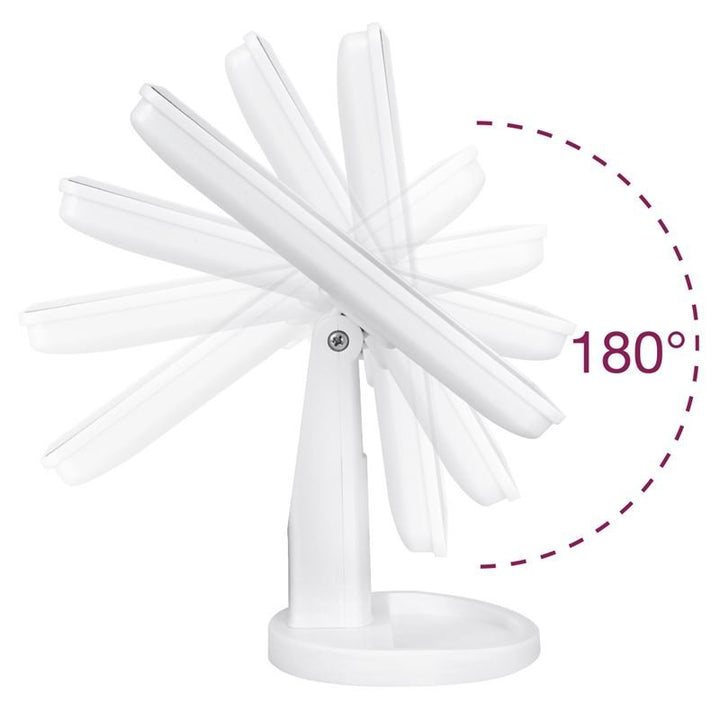 UNIQ Klassisk Star Makeup Spejl | Hvid fra UNIQ er vist med 180° vertikal rotation, hvilket understreger dets fleksibilitet. Dette justerbare spejl har et stativ med en praktisk bakke i bunden, som er ideel til praktiske skønhedsrutiner.