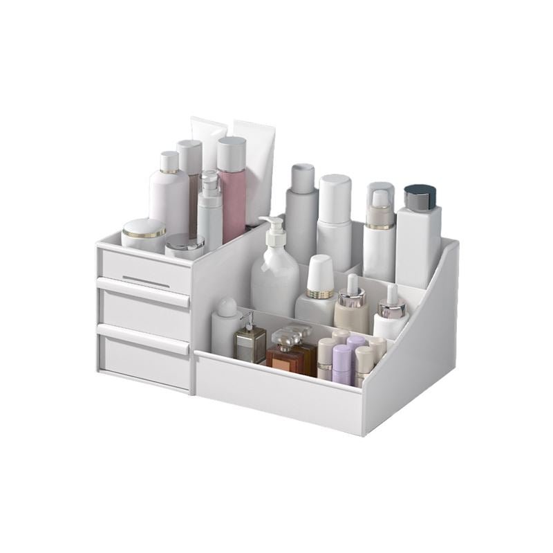 UNIQ Kosmetik Organizer | P110 | Hvid fra UNIQ er en hvid opbevaringsenhed i plast til flasker, krukker og beholdere - inklusive hudpleje og kosmetik - med tre små skuffer i venstre side.