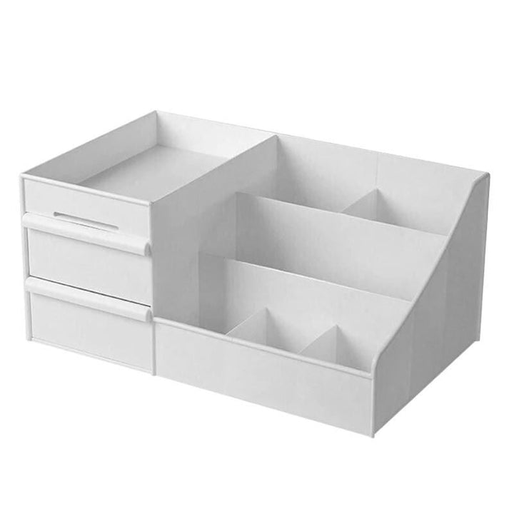 UNIQ Kosmetik Organizer | P110 | Hvid fra UNIQ har to venstre udtræksskuffer, en lille topbakke og flere åbne rum - ideel til at organisere makeup eller kontorartikler pænt.