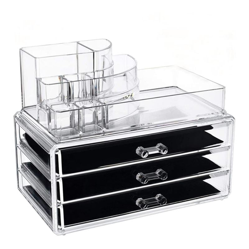 UNIQ Makeup Organizer med 3 Skuffer | SF-1303 fra UNIQ har tre klare skuffer og øverste rum til kosmetik, kontorartikler eller smykkeopbevaring. De små håndtag og det minimalistiske design giver et moderne look i klar plast.