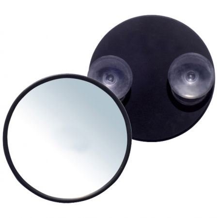 To round mirrors, including a UNIQ Makeup spejl fra UNIQ i sort med x10 forstørrelse og sugekop-én viser spejloverfladen, den anden bagsiden med to sugekopper for nem montering.