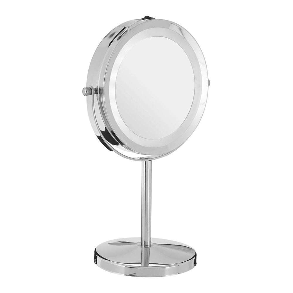 UNIQ Makeup Spejl med Lys | Large Deluxe fra UNIQ er et rundt, dobbeltsidet forstørrende spejl med LED-lys og kromfinish på et slankt stativ - ideelt til detaljerede skønhedsrutiner.