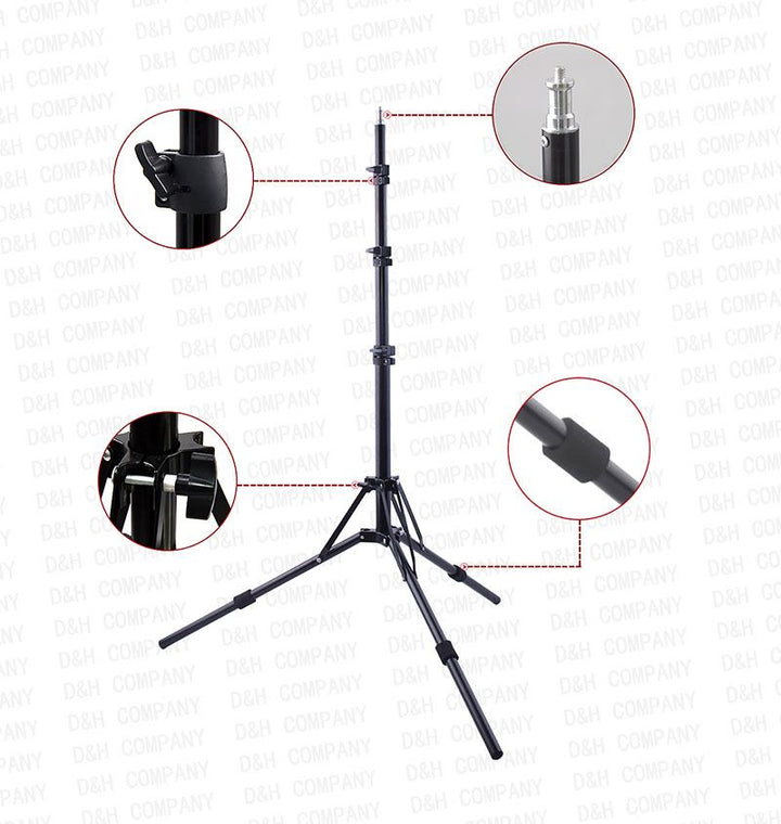 UNIQ Pro Ringlight Studio fra UNIQ er et sort, justerbart stativ til lys eller kameraer, vist fuldt udstrakt med nærbilleder af låseklemmer, forbindelsespunkter og kompatibilitet med telefonholder og ringlight.