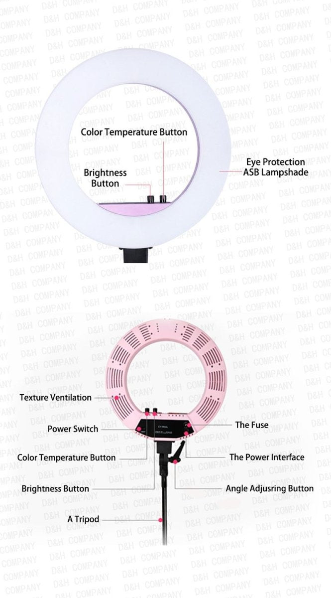 Diagram af UNIQ Pro Ringlight Studio fra UNIQ med for- og bagside. De markerede dele omfatter knapper til farvetemperatur og lysstyrke, øjebeskyttelse, vinkeljustering, tænd/sluk, sikring, strømstik, stativ og telefonholder.