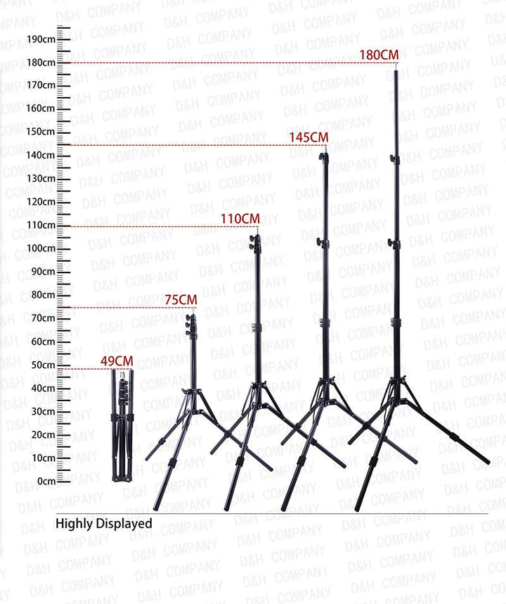 Fem UNIQ Pro Ringlight Studio stativer fra UNIQ vises i højder: 49cm (foldet), 75cm, 110cm, 145cm og 180cm-ideelle til professionelt lys eller montering af telefonholder til perfekte billeder og videoer.