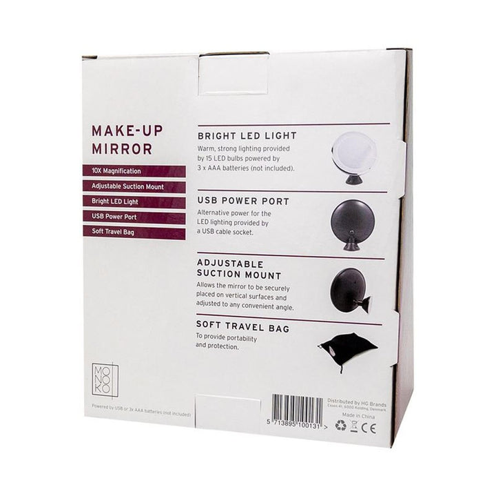 Bagsiden af UNIQ Rundt Spejl med LED Lys (Hvid) viser x10 forstørrelse, justerbar sugekop, kraftigt LED-lys, USB-port og blød rejsetaske-alle illustreret med små sort-hvide ikoner.