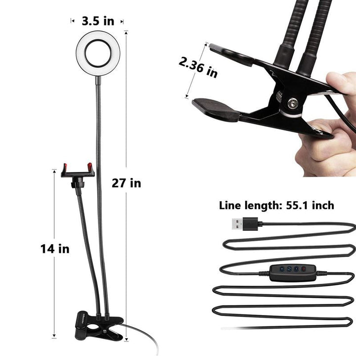 UNIQ Selfie Ringlight med LED Lys og Fleksible Arme fra UNIQ har en ringdiameter på 3,5", en telefonholderhøjde på 14", en ringlyshøjde på 27", en klemmebredde på 2,36" og et USB-kabel på 55,1" til professionelt lys på farten.