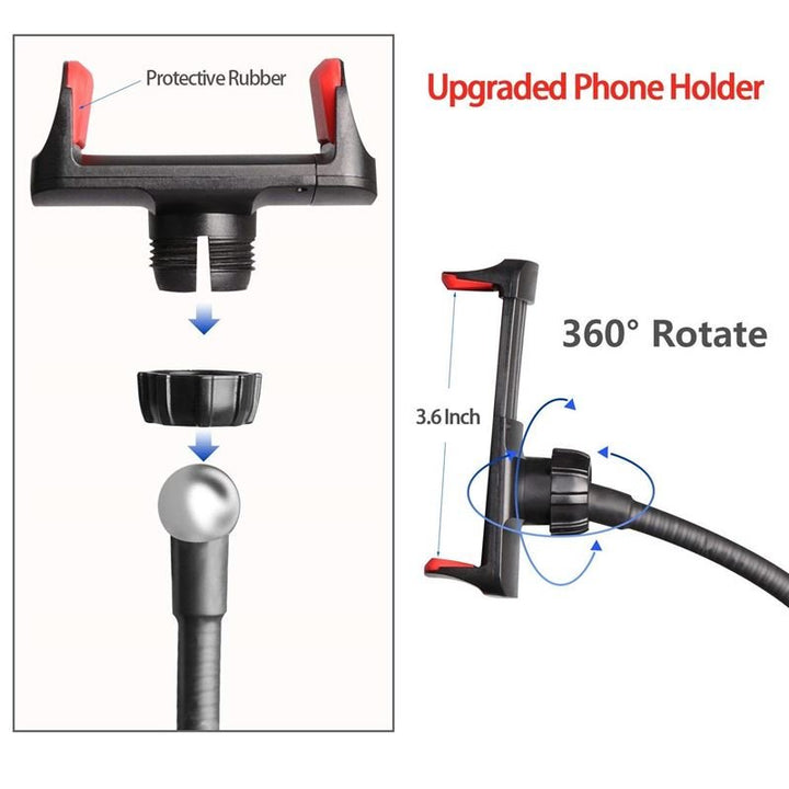 Diagram, der viser UNIQ Selfie Ringlight med LED Lys og Fleksible Arme: opgraderet telefonholder med beskyttende gummi, skruefastgørelse, 360° drejeligt hoved og indbygget selfie ringlight til professionelt lys. Måler 3,6 tommer, vist i to visninger.