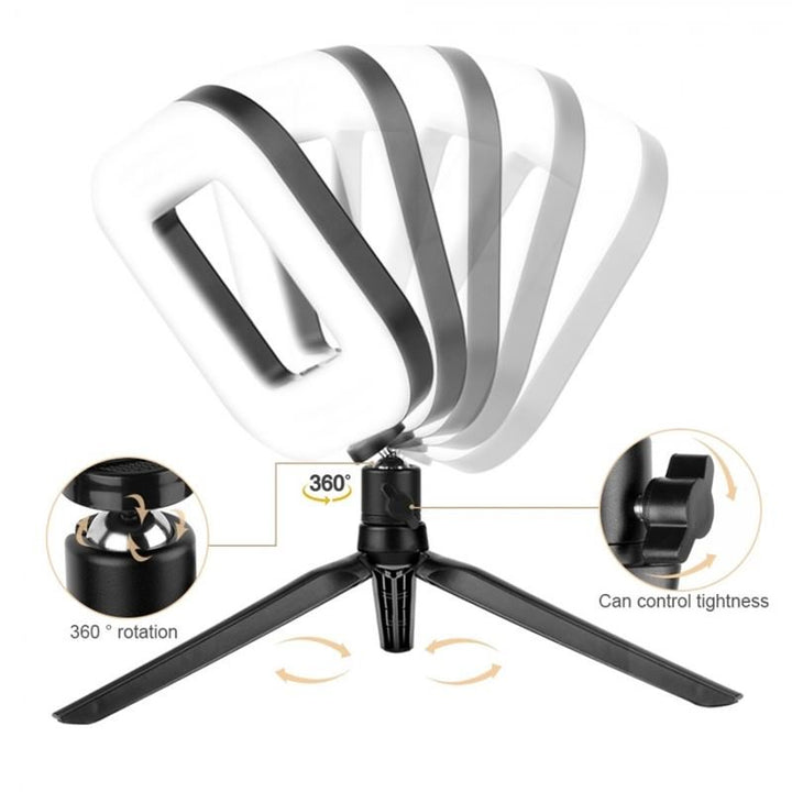 UNIQ Selfie Ringlight til iPhone og Android har justerbar LED-belysning, et hvidt rektangulært design, 360° rotation og en sort stativbase med en justeringsknap til nem opsætning - perfekt til enhver smartphone.