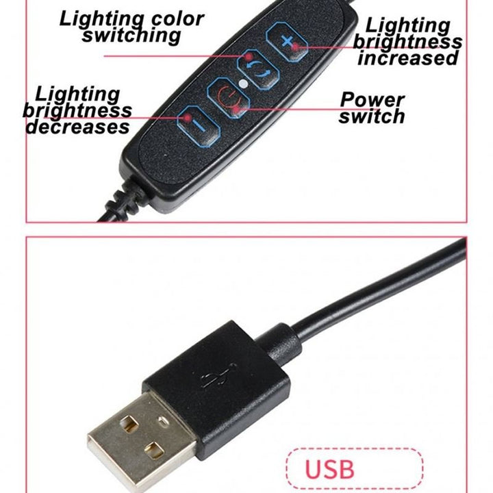 Et nærbillede af UNIQ Selfie Ringlight-fjernbetjeningen til iPhone og Android viser knapper til farve, lysstyrke, strøm og et USB-stik - ideel LED-belysning til smartphones, som er god at bruge sammen med et stativ.