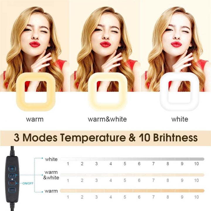 En kvinde bruger UNIQ Selfie Ringlight til iPhone og Android og viser tre belysningstilstande - varm, varm og hvid samt hvid. Nedenfor fremhæver tekst 3 farvetemperaturer, 10 lysstyrkeniveauer og et billede af en fjernbetjening fra UNIQ.
