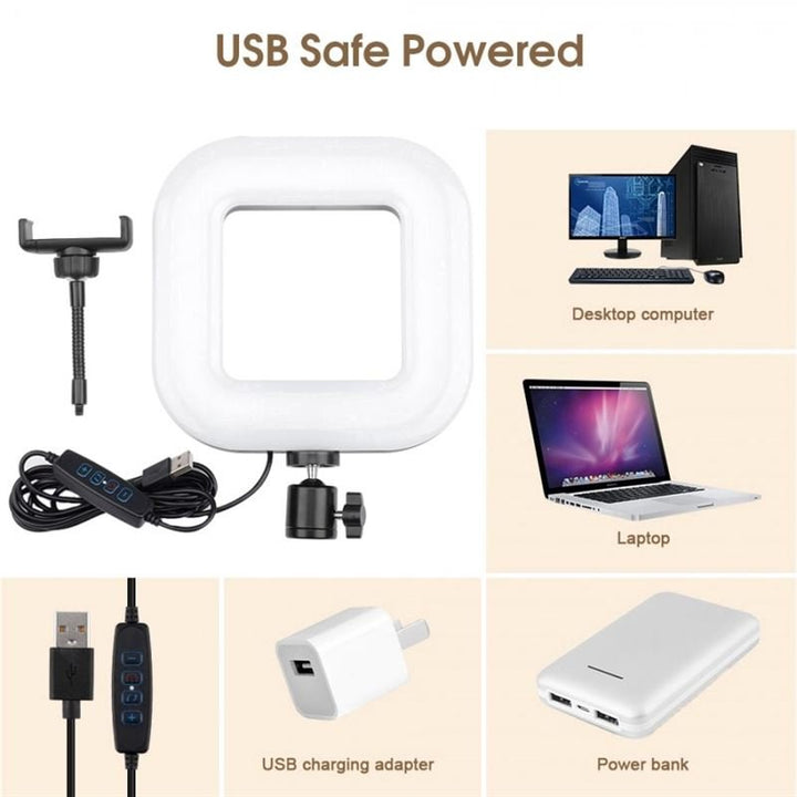 UNIQ Selfie Ringlight til iPhone og Android, en firkantet LED-lampe fra UNIQ, vises med USB-kabel og justerbart stativ. Den kan strømfødes via pc, laptop, USB-adapter eller powerbank, som vist på fire mærkede billeder.