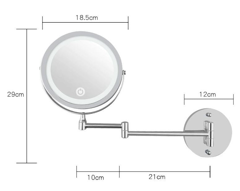 UNIQ Vægmonteret LED Kosmetikspejl fra UNIQ har et 18,5 cm rundt spejl med lys, 29 cm højde, segmenteret arm (10 & 21 cm) og base, der strækker sig 12 cm ud fra væggen - ideelt til påføring af makeup.