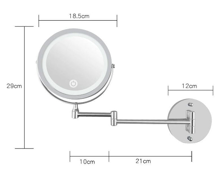 UNIQ Vægmonteret LED Kosmetikspejl fra UNIQ har et 18,5 cm rundt spejl med lys, 29 cm højde, segmenteret arm (10 & 21 cm) og base, der strækker sig 12 cm ud fra væggen - ideelt til påføring af makeup.