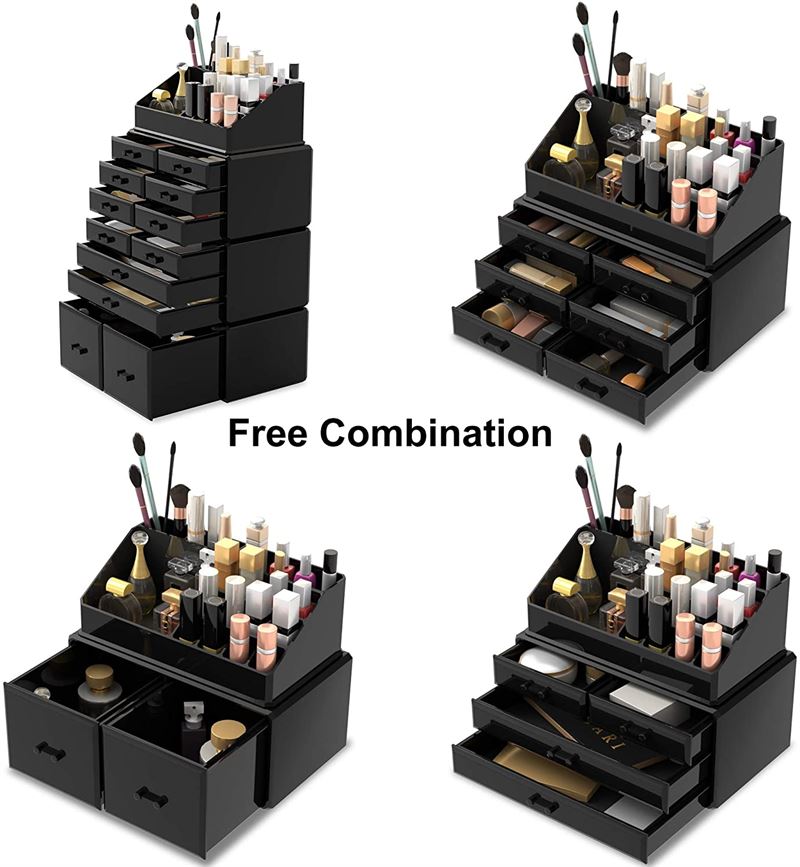 Fire UNIQ XXL Organizer med 12 Skuffer og 16 Rum | Sort-enheder, hver fyldt med kosmetik og børster, demonstrerer alsidig opbevaring. Ordene "Free Combination" står i midten. Mærke: UNIQ.