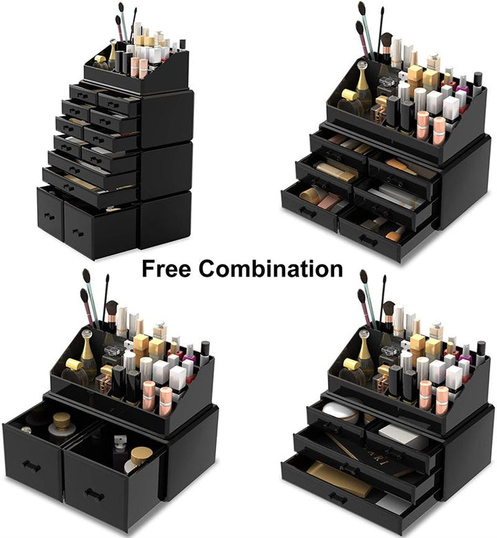 Fire UNIQ XXL Organizer med 12 Skuffer og 16 Rum | Sort-enheder, hver fyldt med kosmetik og børster, demonstrerer alsidig opbevaring. Ordene "Free Combination" står i midten. Mærke: UNIQ.