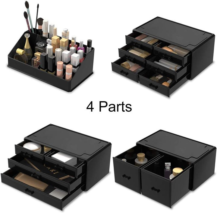 UNIQ XXL Organizer med 12 Skuffer og 16 Rum by UNIQ har fire modulære konfigurationer, herunder en midtersektion med 4 dele, muligheder for læbestifter og pensler, stablede eller vandrette skuffer og to firkantede skuffer.
