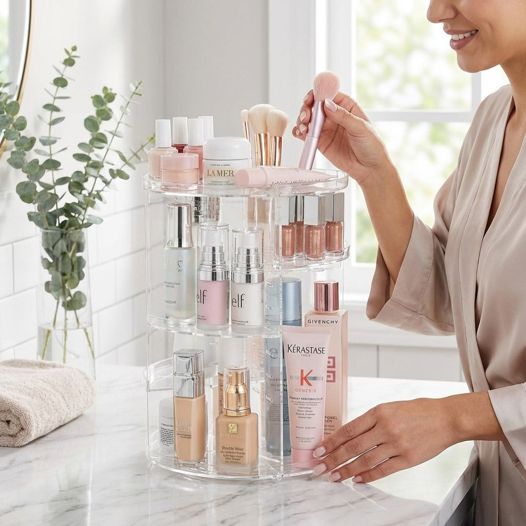 En kvinde i en lys morgenkåbe ordner skønhedsprodukter og makeup på UNIQ 360 graders roterende organizer - Transparent fra UNIQ, oven på et badeværelsesbord med pænt placerede børster og flasker. I baggrunden ses grønne planter og et håndklæde.