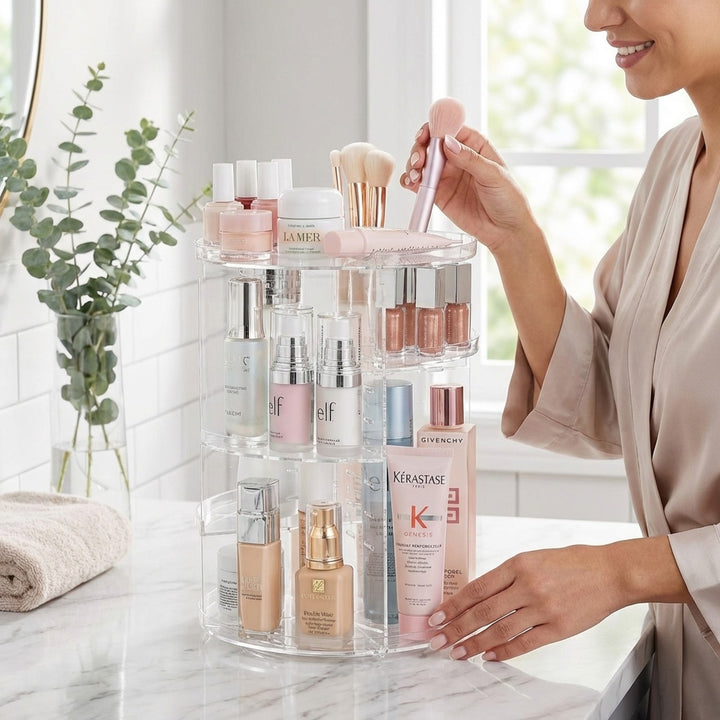 En kvinde i en lys morgenkåbe ordner skønhedsprodukter og makeup på UNIQ 360 graders roterende organizer - Transparent fra UNIQ, oven på et badeværelsesbord med pænt placerede børster og flasker. I baggrunden ses grønne planter og et håndklæde.