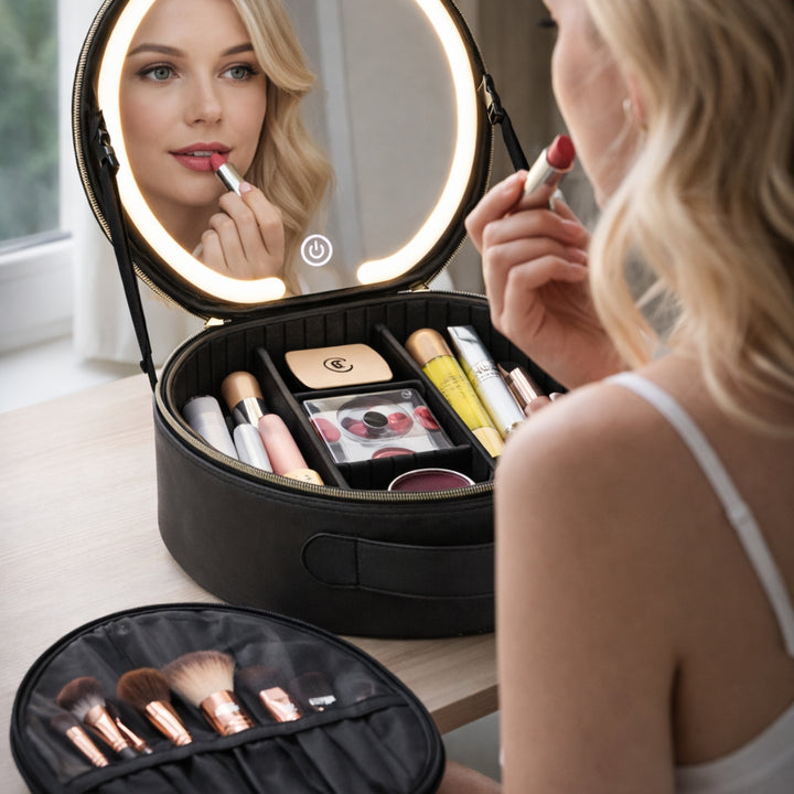 En kvinde tager læbestift på, mens hun kigger ind i UNIQ Sort LED-makeup-spejl med 3-farvet lys og praktisk opbevaring – rejse-makeupkuffert. Hendes makeupbørster og diverse kosmetik er pænt sorteret i denne sorte rejse-makeupkuffert fra UNIQ, der står på bordet ved siden af hende.