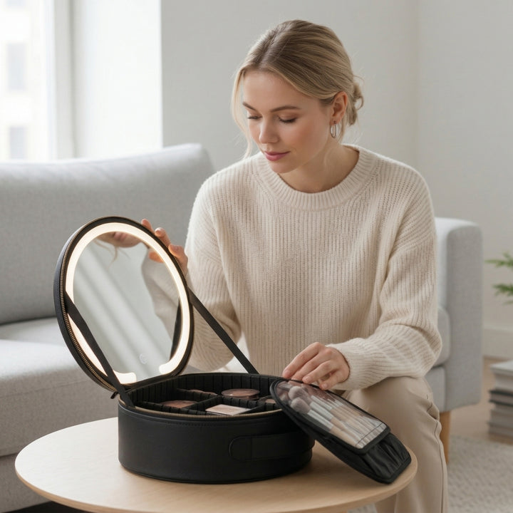 En kvinde i en cremefarvet trøje sidder ved et bord og åbner UNIQ Sort LED-makeup-spejl med 3-farvet lys og praktisk opbevaring – rejse-makeup-etui fra UNIQ, hvorved hun afslører de makeup-produkter og pensler, der er ordnet indeni.