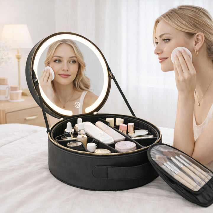 En kvinde sidder på en seng og lægger makeup med en vatrondel, mens hun kigger ind i UNIQ Sort LED-makeup-spejl med 3-farvet lys og praktisk opbevaring – rejse-makeup-taske fra UNIQ, som er fyldt med kosmetik og pensler.