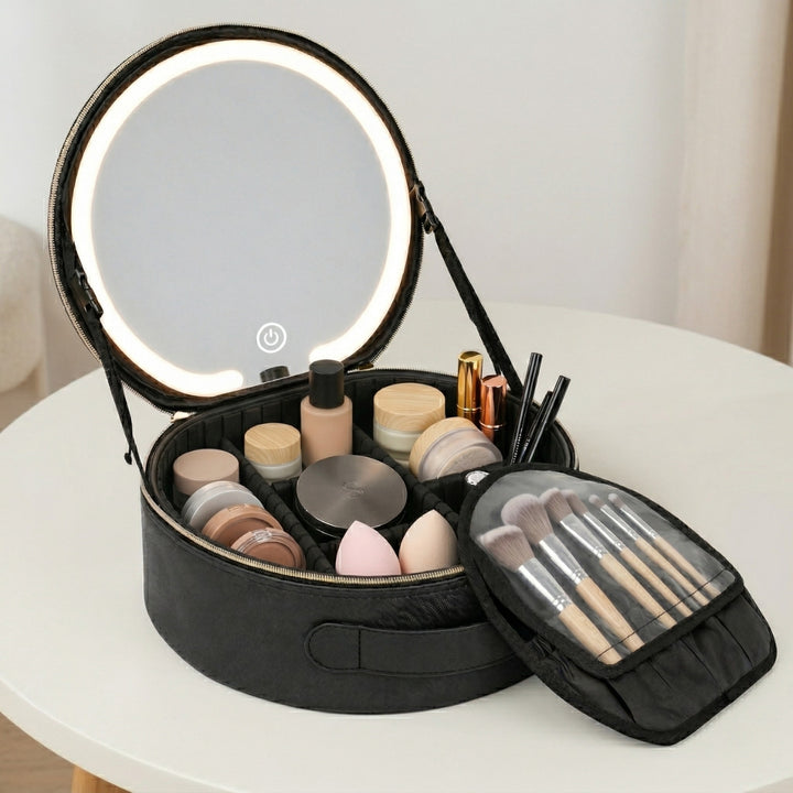 Et UNIQ Sort LED-makeupspejl med 3-farvet lys og praktisk opbevaring – et rejse-makeupetui – står åbent på et hvidt bord, hvor dets runde, sorte design afslører foundation, pudder, læbestifter, makeupsvampe og en pose med flere makeupbørster til praktisk opbevaring af kosmetik.