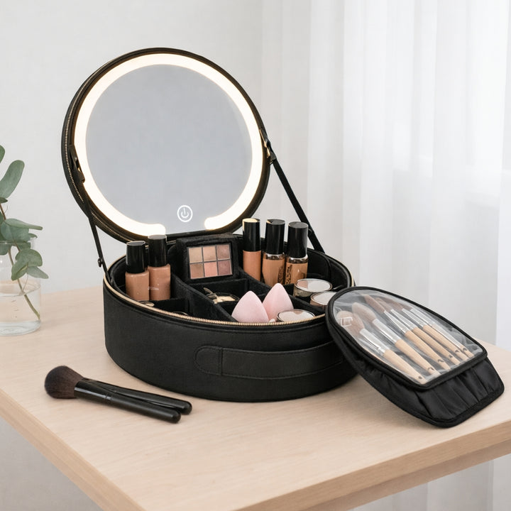 Et UNIQ Sort LED-makeupspejl med 3-farvet lys og praktisk opbevaring – en rejse-makeupkuffert, fyldt med makeup-produkter, pensler og svampe, står på et træbord ved siden af en lille plante og et vindue med hvide gardiner, hvilket giver perfekt belysning og smart opbevaring.