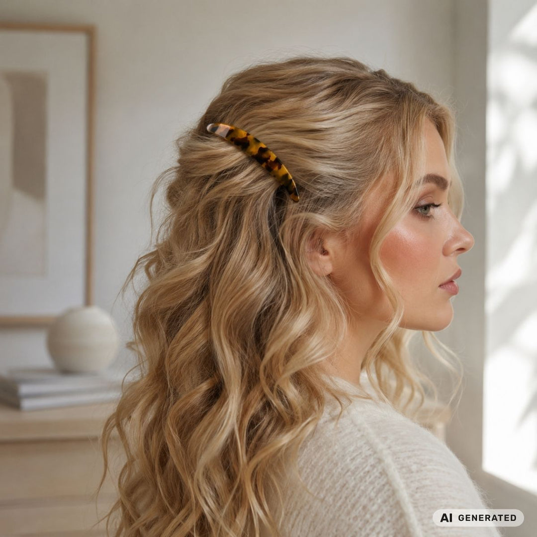En kvinde med langt, bølget blondt hår, sat op i en »French Twist« ved hjælp af SOHO Lucile French Twist-hårkam i farven Tortoise fra SOHO, sidder set i profil iført en cremefarvet sweater i et blødt oplyst, minimalistisk rum med indrammede kunstværker og en hvid vase i baggrunden.