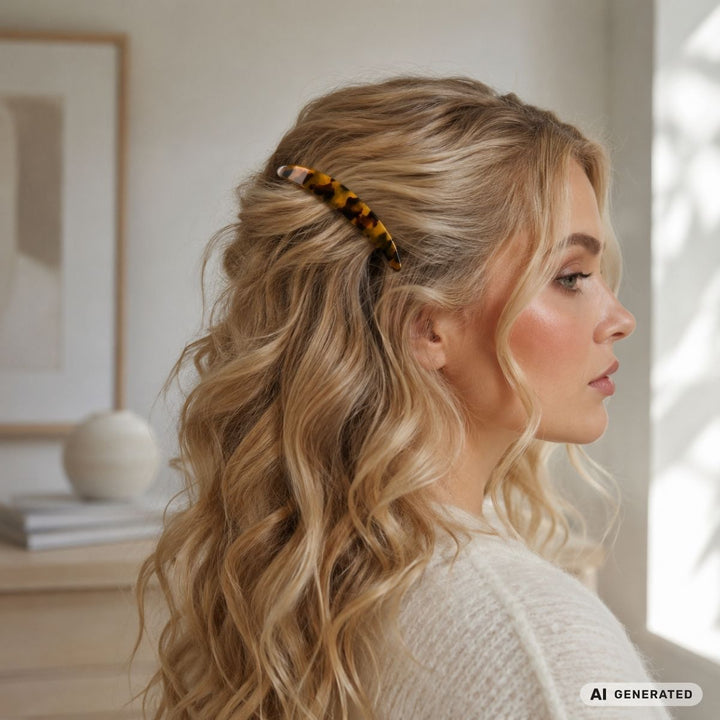 En kvinde med langt, bølget blondt hår, sat op i en »French Twist« ved hjælp af SOHO Lucile French Twist-hårkam i farven Tortoise fra SOHO, sidder set i profil iført en cremefarvet sweater i et blødt oplyst, minimalistisk rum med indrammede kunstværker og en hvid vase i baggrunden.