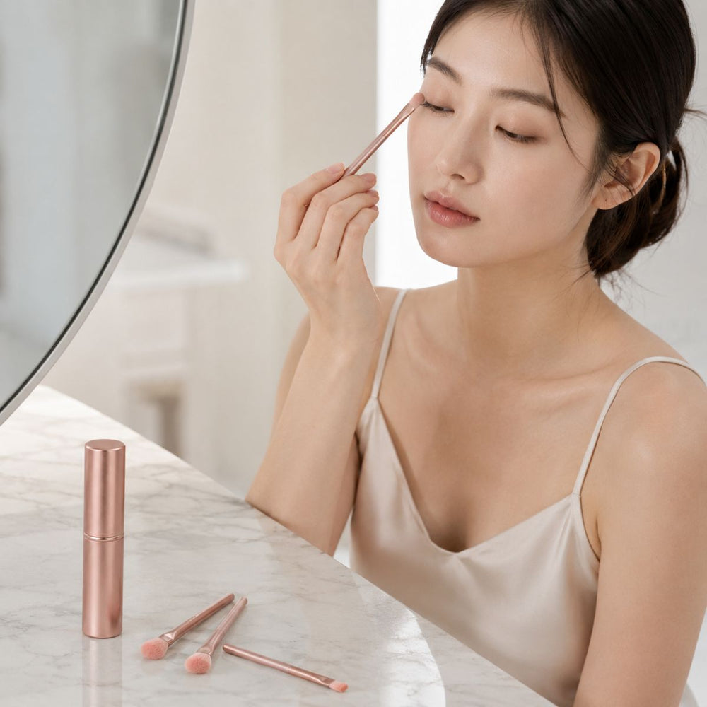 En kvinde i en beige camisole lægger øjenskygge på med UNIQ Technique PRO Rose Lens Øjenskyggebørste Sæt, mens hun sidder ved et marmorbord med andre makeupbørstesæt og en produktbeholder i nærheden.