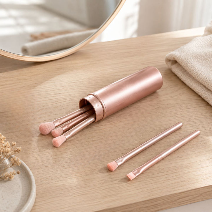 En rosaguld makeupbørsteholder med flere børster fra UNIQ Technique PRO Rose Lens Øjenskyggebørste-sættet står på en træoverflade ved siden af to øjenskyggebørster, et spejl, et håndklæde og tørrede blomster.