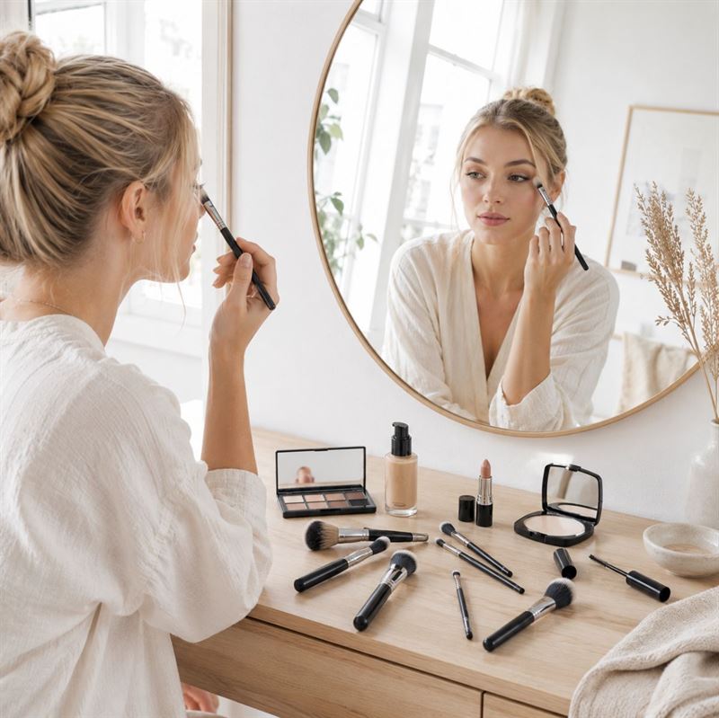 En kvinde sidder ved et toiletbord og lægger makeup med en børste fra sit Technique PRO Galactic Ray Makeupbørste-sæt – et sæt med 12 makeupbørster – mens hun kigger i et rundt spejl. Forskellige øjenbørster og ansigtsbørster fra Technique PRO-sættet samt andre makeup-produkter ligger spredt ud på træbordet foran hende.