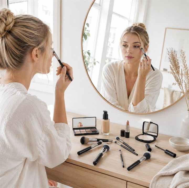 En kvinde sidder ved et toiletbord og lægger makeup med en børste fra sit Technique PRO Galactic Ray Makeupbørste-sæt – et sæt med 12 makeupbørster – mens hun kigger i et rundt spejl. Forskellige øjenbørster og ansigtsbørster fra Technique PRO-sættet samt andre makeup-produkter ligger spredt ud på træbordet foran hende.
